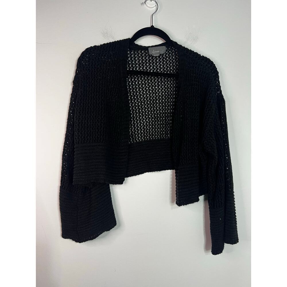 Anthropologie black cropped open knit bell sleeve cardigan One Size - Picture 2 of 7